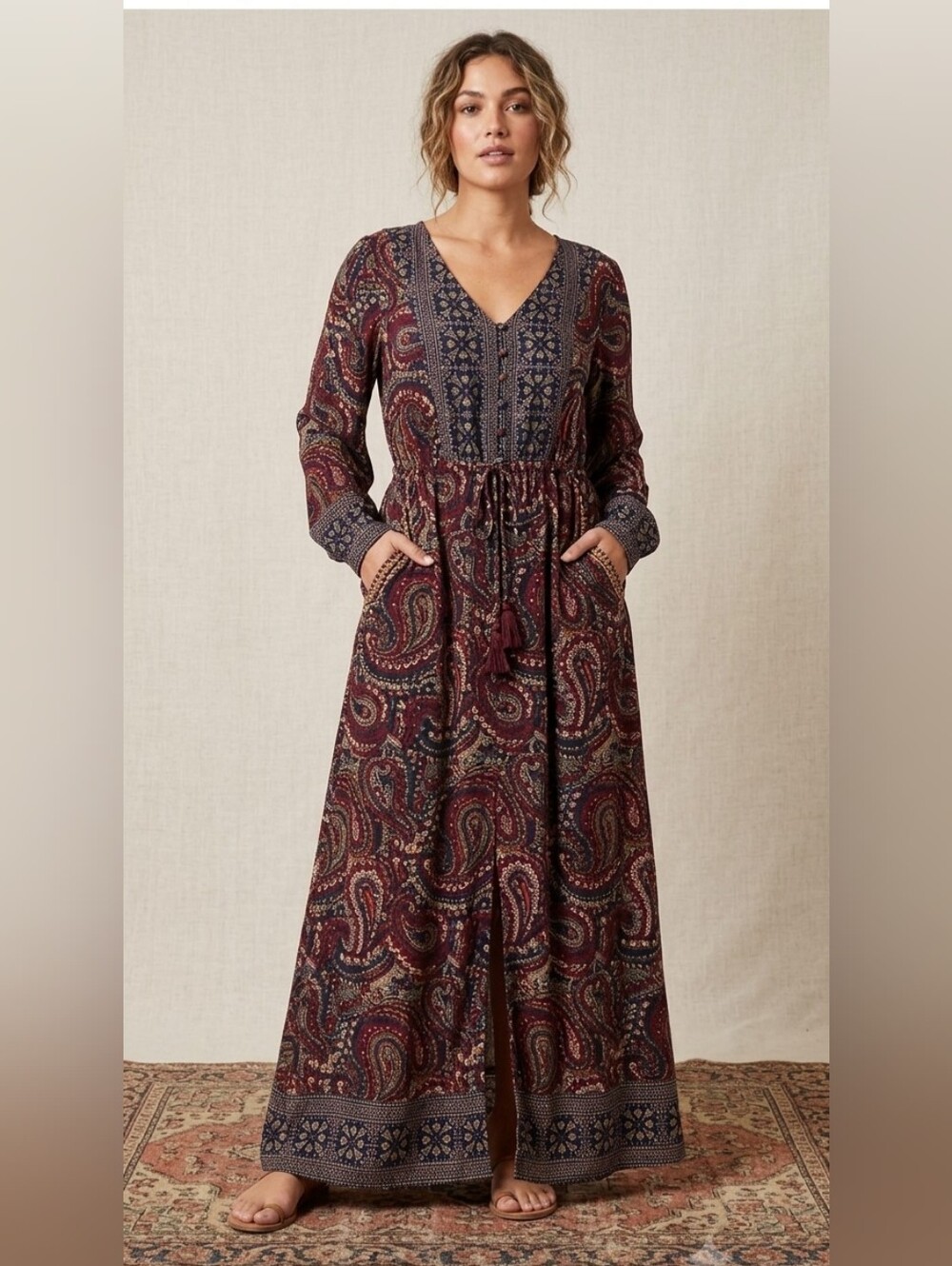 Knox Rose Boho Paisley Maxi Dress Long Sleeve Button Front Pockets Small